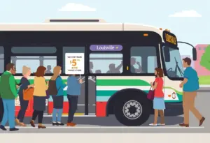 Community members discussing TARC fare increase near a public bus in Louisville