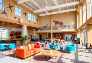 Interior view of the Texas Roadhouse Student Center showing modern furniture and Western-themed decor.