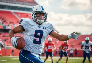 College football player in action during practice for Louisville Cardinals