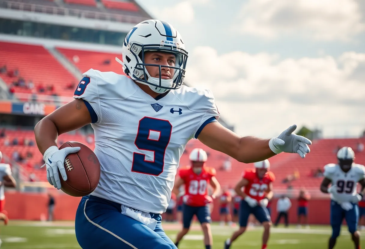 College football player in action during practice for Louisville Cardinals