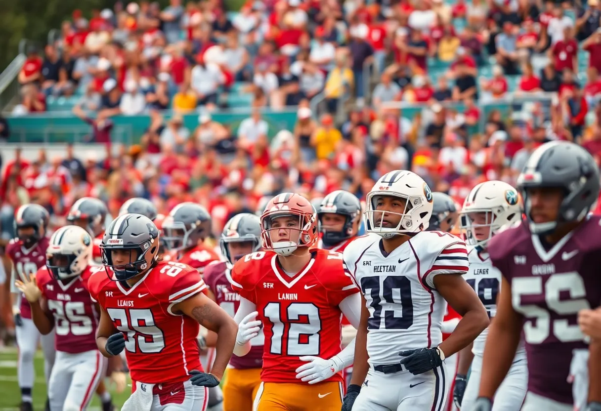 A dynamic college football game featuring players representing their teams with intensity and excitement.