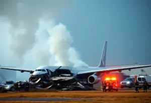 Scene of the UPS cargo plane crash with smoke and emergency responders.