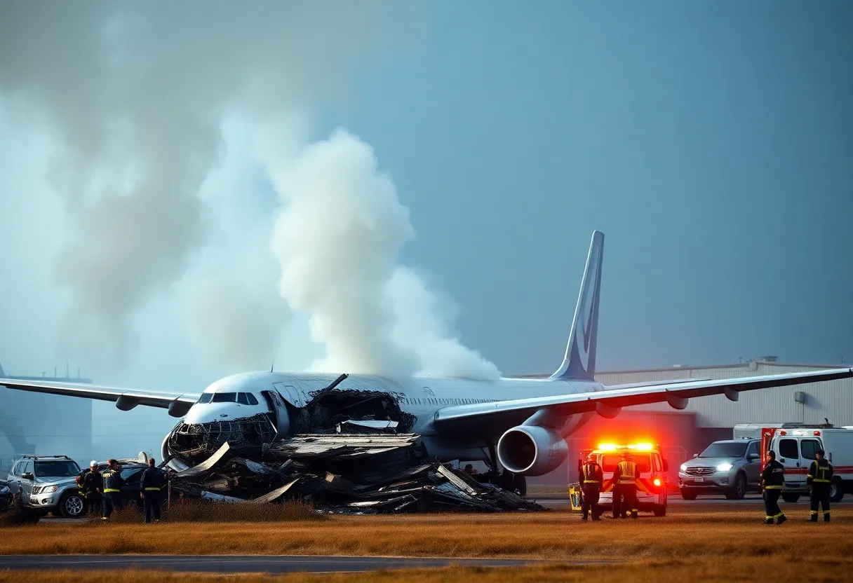 Scene of the UPS cargo plane crash with smoke and emergency responders.
