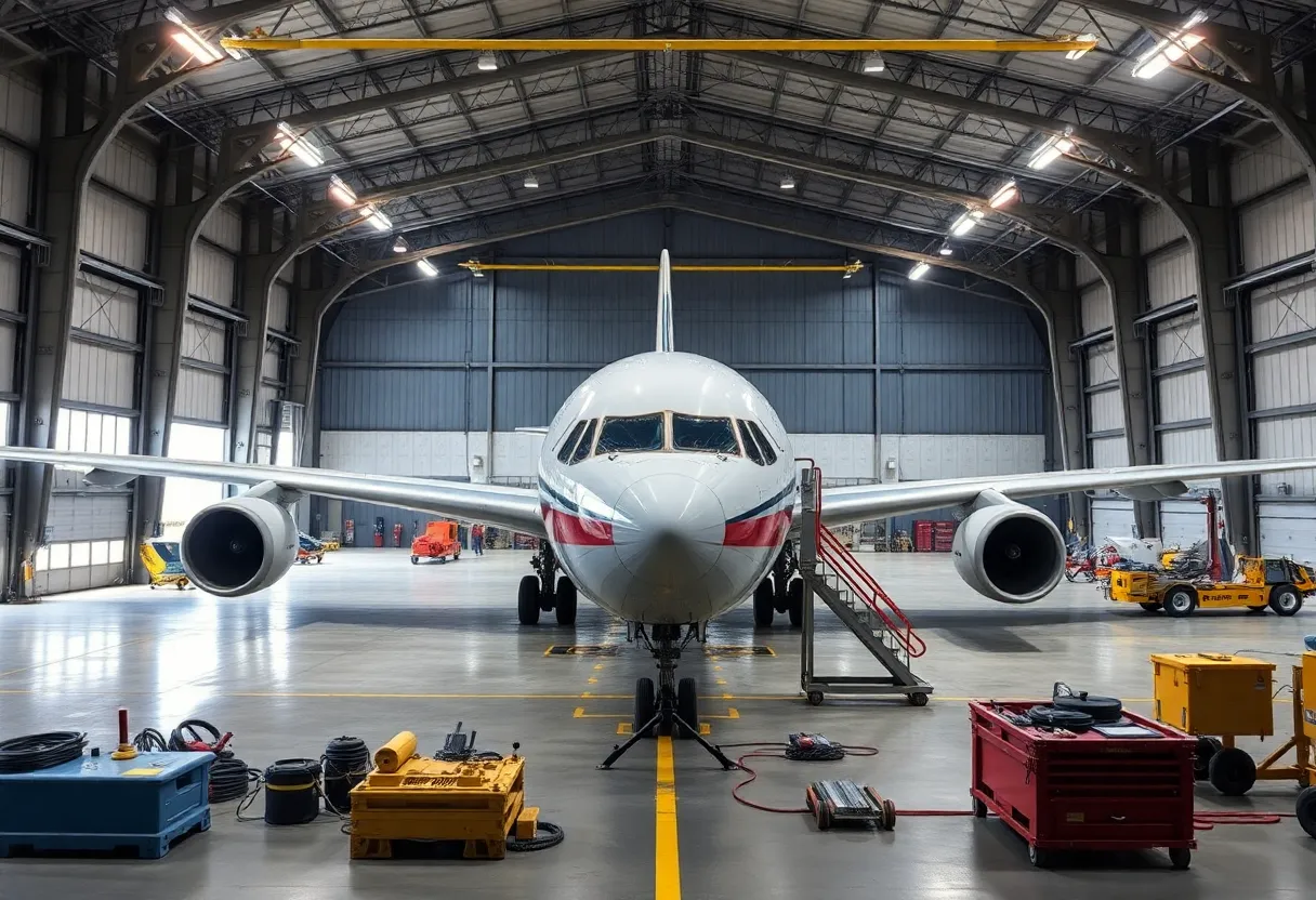 UPS MD-11 cargo plane in maintenance with inspection tools