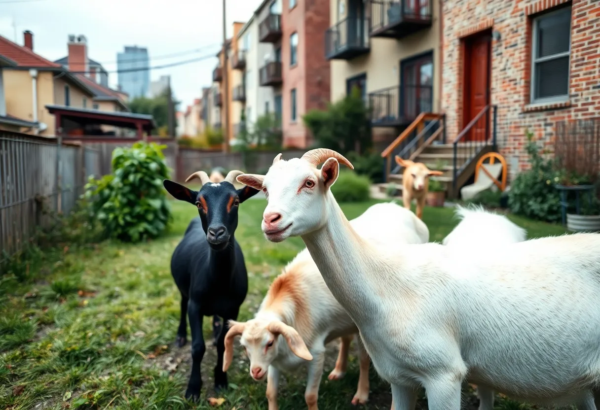 Goats grazing in an urban backyard in Louisville.