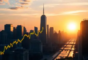 Skyline of a city representing economic growth with stock market graphs.