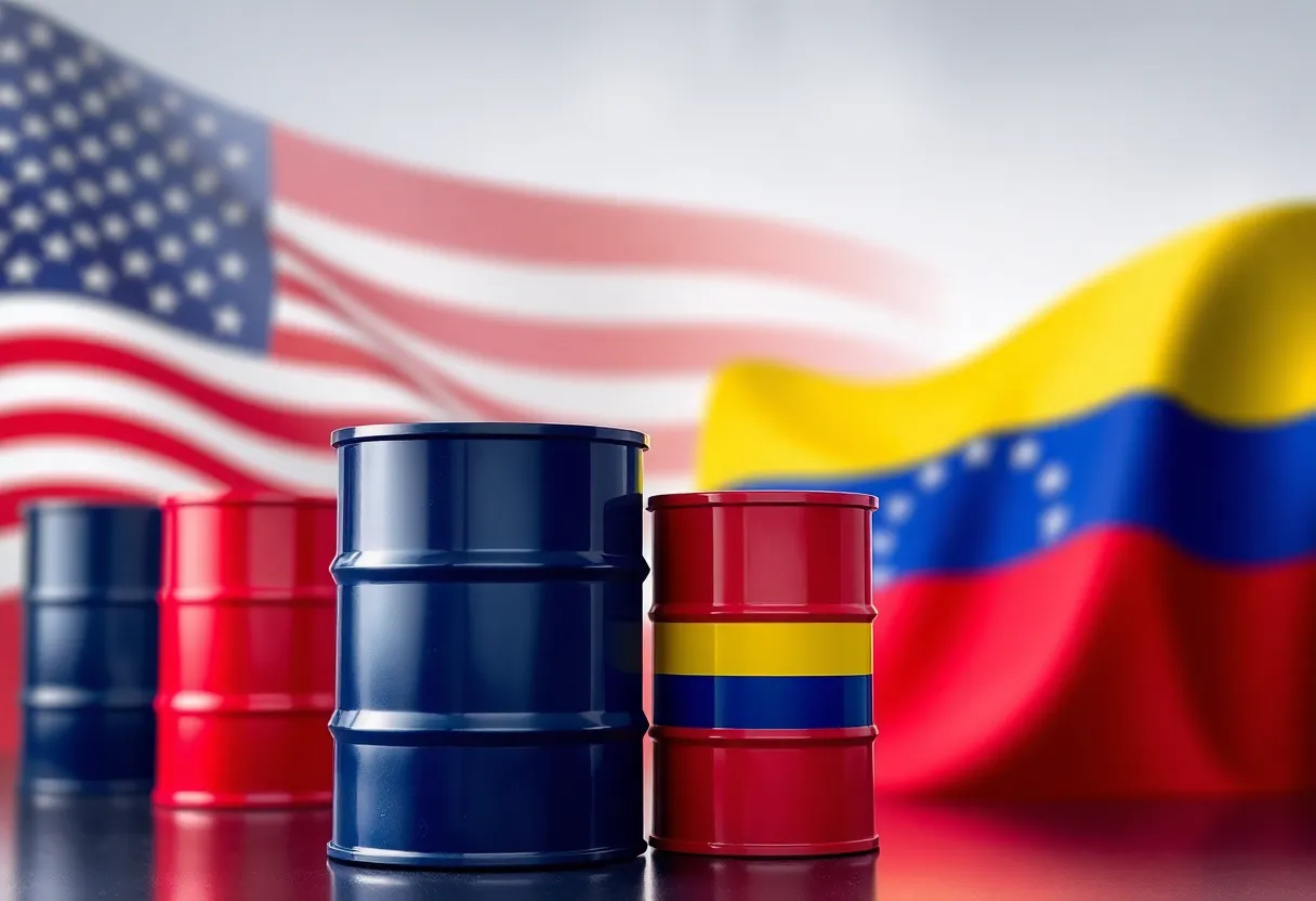 Representation of U.S.-Venezuela oil trade with flags and oil barrels.