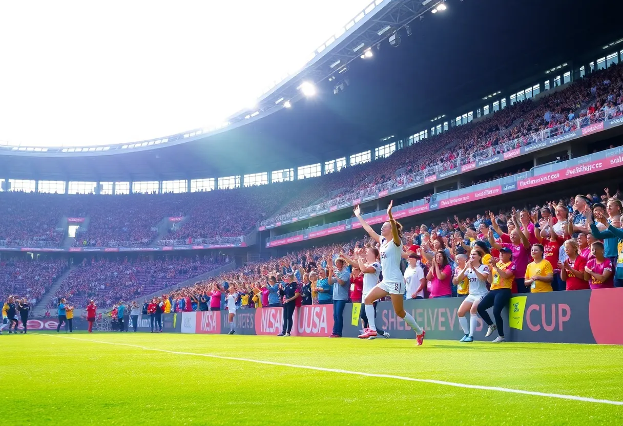 Fans cheering at the SheBelieves Cup Final between USWNT and Colombia.