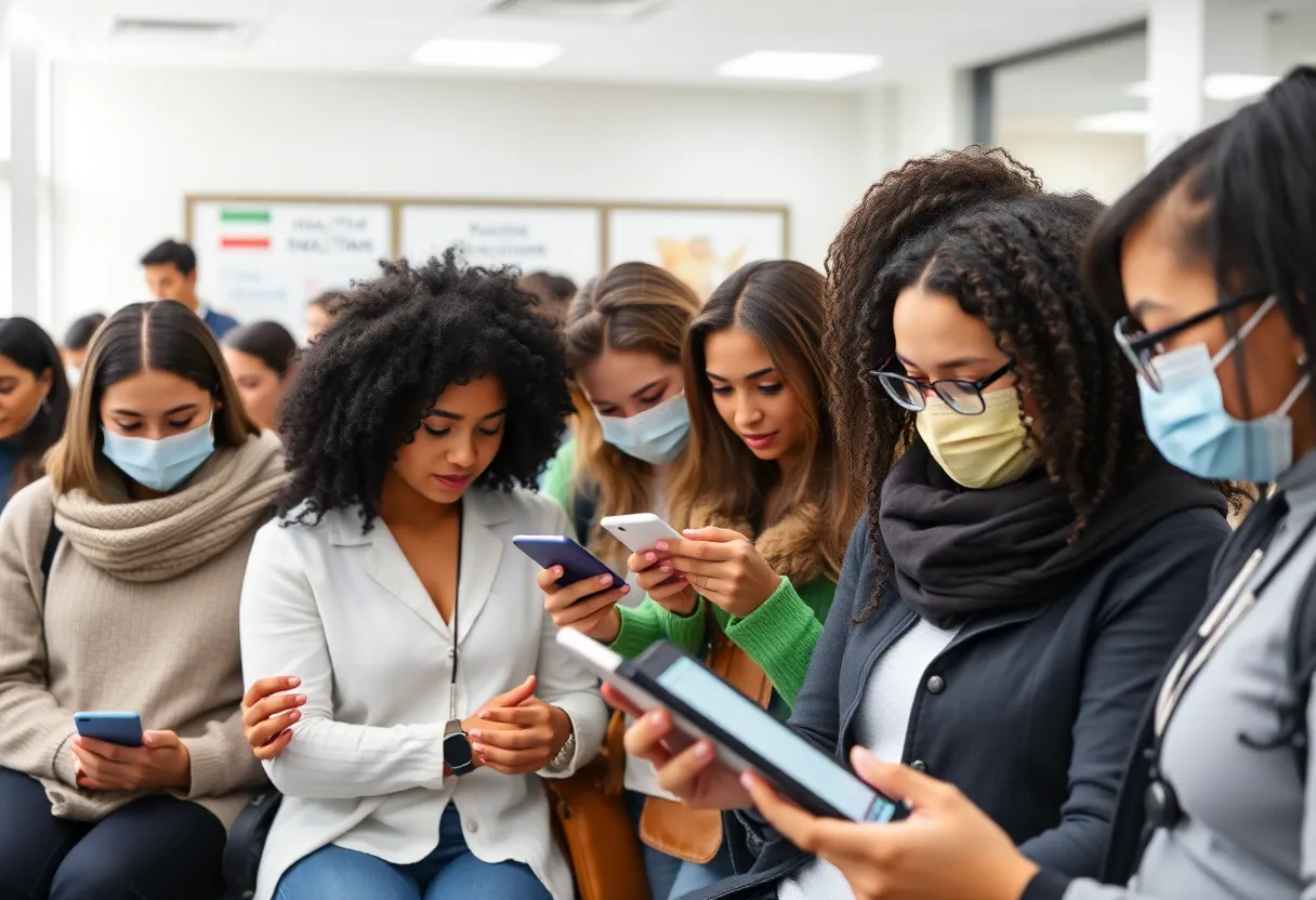 Individuals checking vaccination records at a health clinic