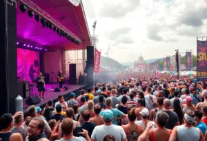 Crowd enjoying a live music festival with colorful stages