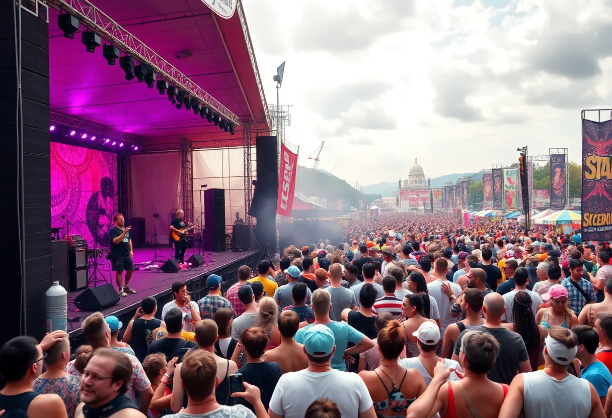 Crowd enjoying a live music festival with colorful stages
