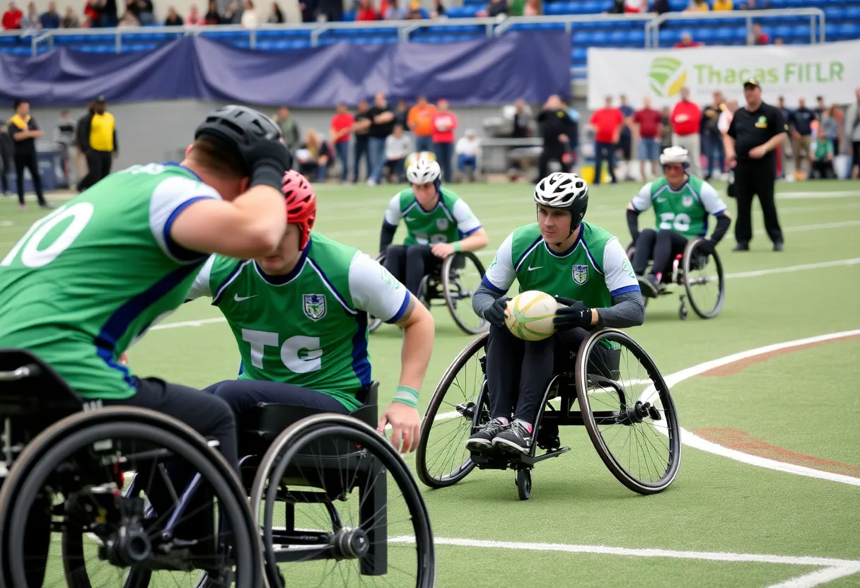 Wheelchair rugby players competing in the invitational tournament