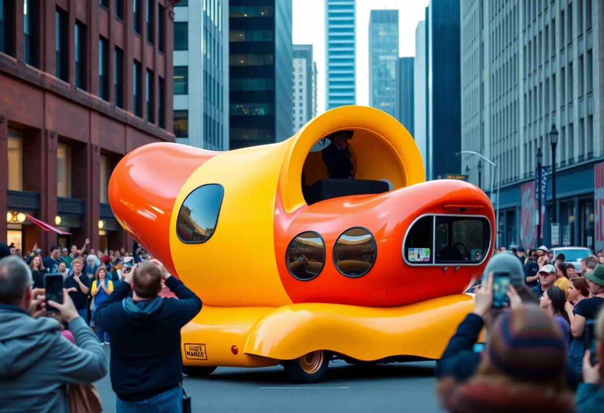 Oscar Mayer Wienermobile parked with people taking photos.