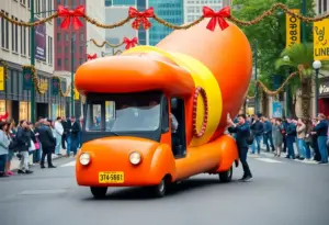 Oscar Mayer Wienermobile parked in Louisville with fans gathering around.