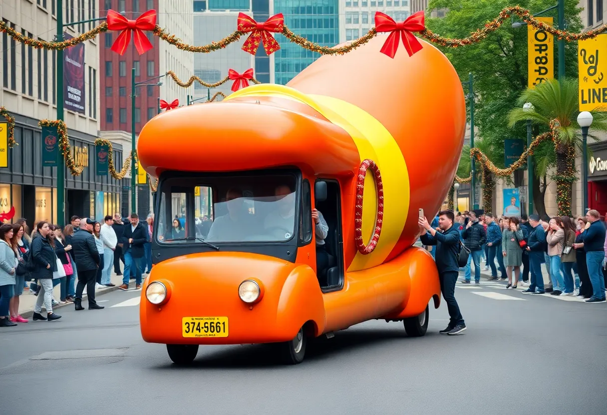 Oscar Mayer Wienermobile parked in Louisville with fans gathering around.