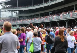 Crowd enjoying the Winsday event at Churchill Downs with horse racing and nonprofit booths