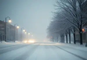 Snow-covered street in Louisville during winter storm
