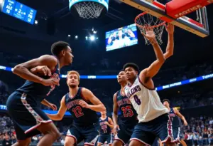 Wisconsin Badgers basketball team celebrating their victory against Michigan Wolverines