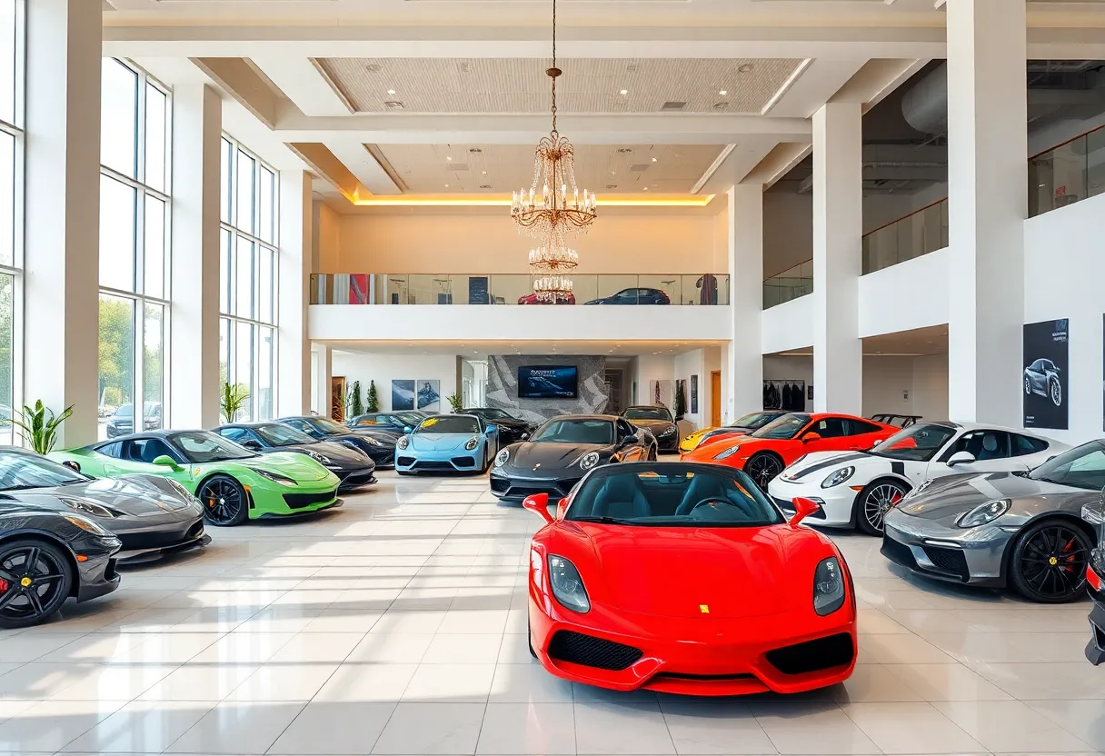 Showroom displaying luxury automotive brands