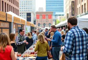 Attendees enjoying the Bourbon Classic festival with bourbon booths and culinary activities.