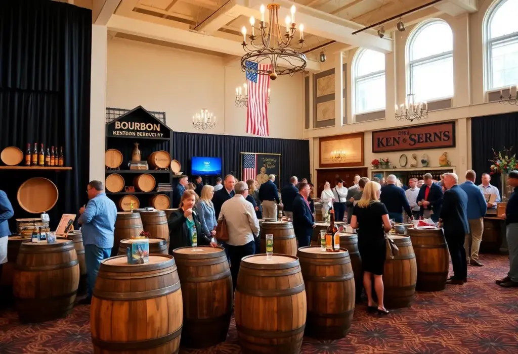 Attendees enjoying Bourbonomics at the Frazier History Museum with bourbon-themed decor.