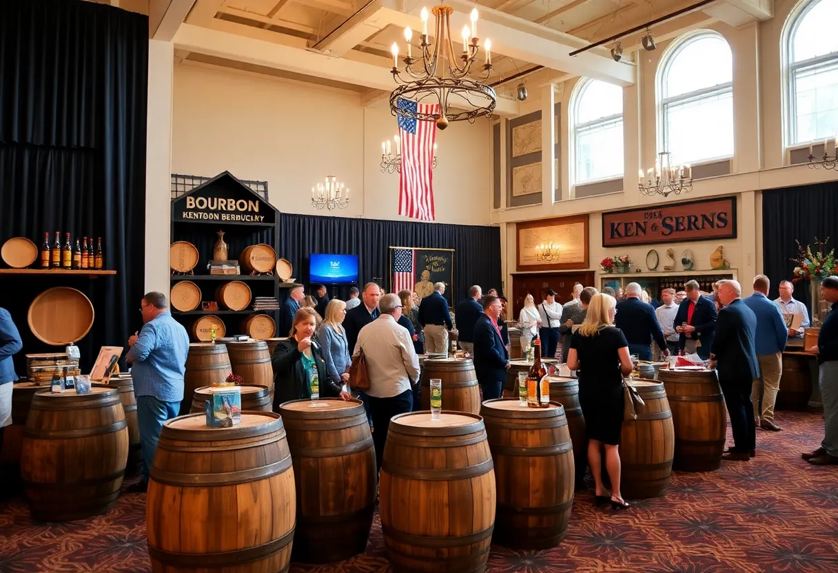 Attendees enjoying Bourbonomics at the Frazier History Museum with bourbon-themed decor.