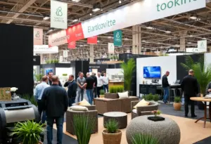 Trade show booths at Equip Exposition featuring landscape and outdoor living products.