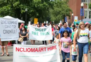 Residents of Louisville celebrating at a local event featuring banners and community spirit.