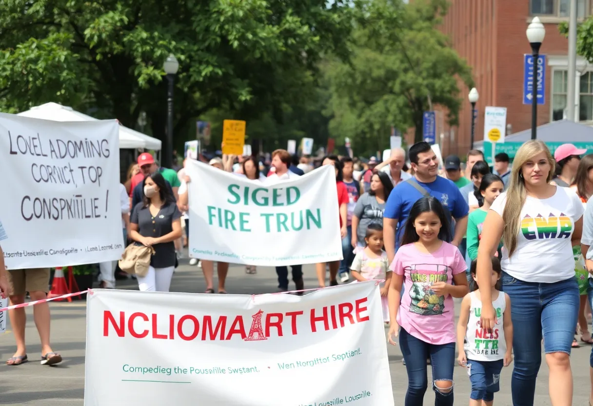 Residents of Louisville celebrating at a local event featuring banners and community spirit.