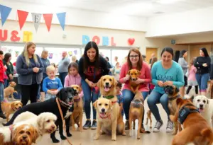 A family interacting with adoptable dogs at the Louisville Dog Adoption Event