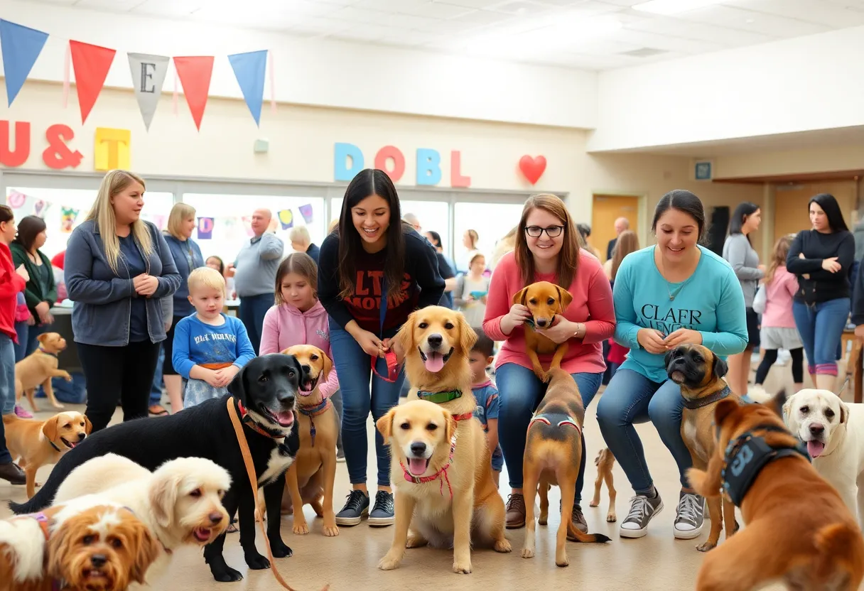 A family interacting with adoptable dogs at the Louisville Dog Adoption Event