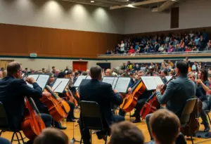 Musicians performing at the Louisville Orchestra concert in a gymnasium.