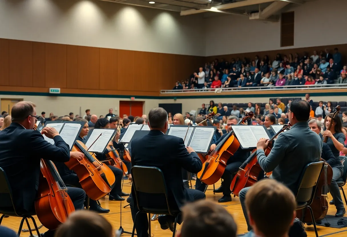 Musicians performing at the Louisville Orchestra concert in a gymnasium.