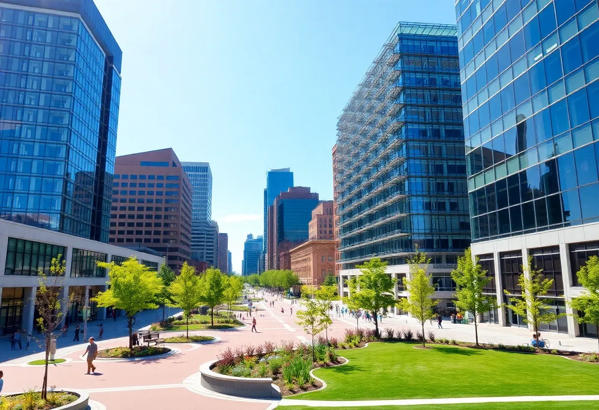 Modern architecture and green spaces in downtown Louisville.