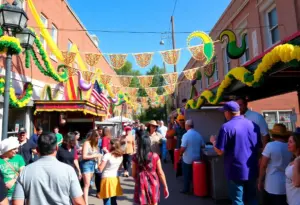 Crowd enjoying Mardi Gras festivities in Louisville with colorful decorations.