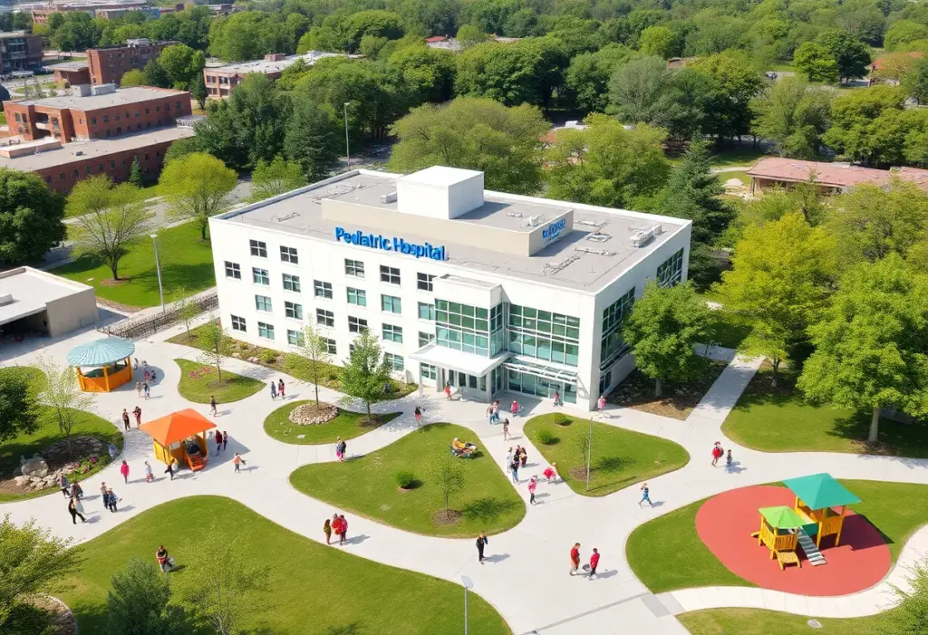 Architectural rendering of the new pediatric campus in Jeffersontown, featuring hospital facilities and green play areas.