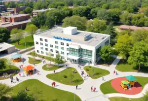 Architectural rendering of the new pediatric campus in Jeffersontown, featuring hospital facilities and green play areas.