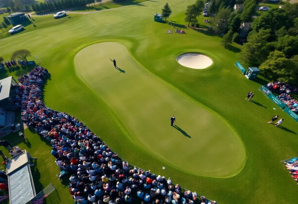 A competitive PGA Tour golf tournament with players on the course and spectators watching.