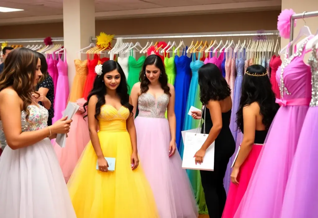 Community members selecting dresses at a prom dress giveaway event.