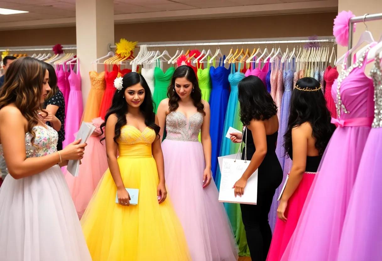Community members selecting dresses at a prom dress giveaway event.