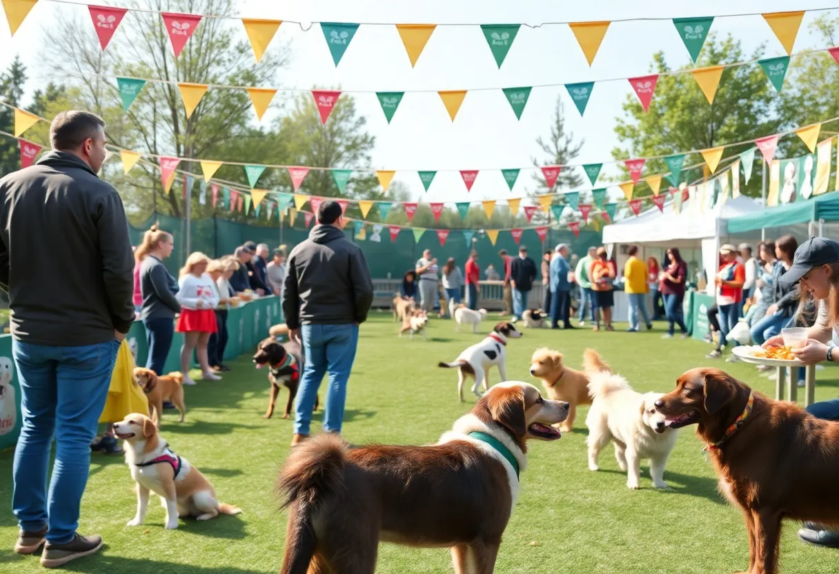 A crowd enjoying the Puppy Bowl Viewing Party with dogs and food.