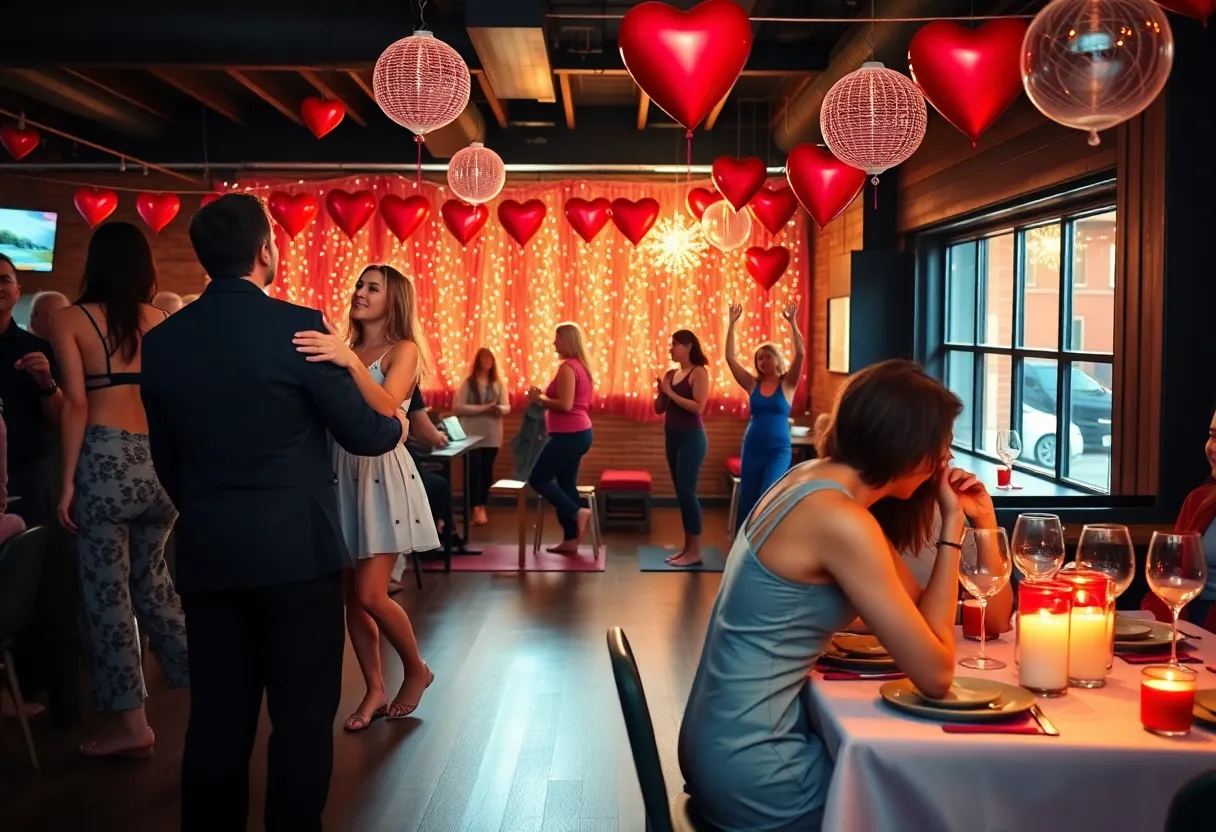 Couples dancing and friends enjoying activities during Valentine's Day events in Louisville.
