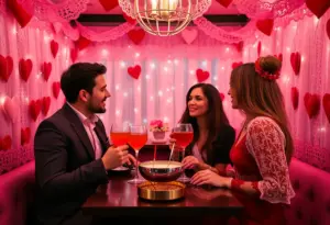 Couples enjoying drinks at a Valentine's Day themed pop-up bar