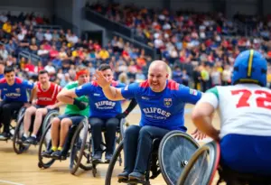 Athletes competing in wheelchair rugby during the Invitational